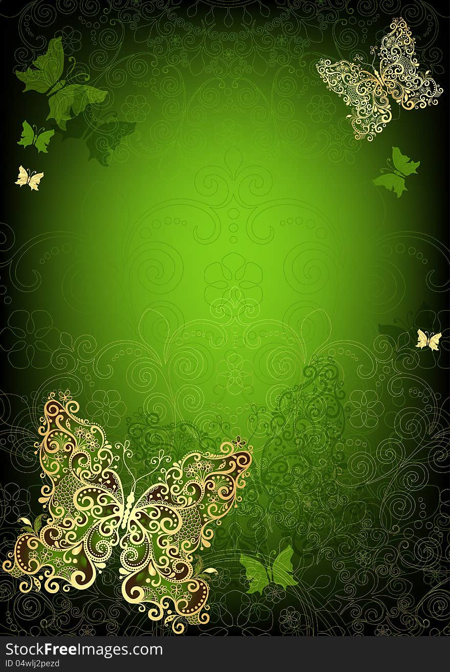 Green vintage card with gold butterflies (vector EPS 10). Green vintage card with gold butterflies (vector EPS 10)