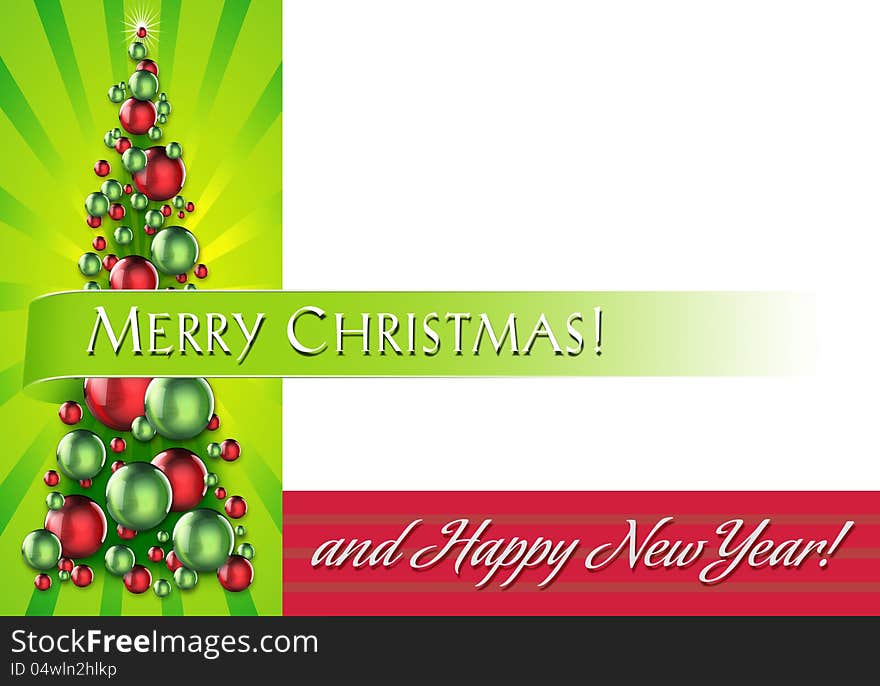 Card layout with New Year's/Holiday/Christmas tree made of red and green reflective ornaments against radiant yellow-green background. Card layout with New Year's/Holiday/Christmas tree made of red and green reflective ornaments against radiant yellow-green background