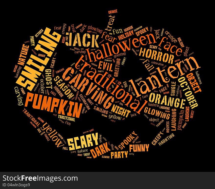 Halloween info-text graphic arrangement concept composed in pumpkin shape on black background