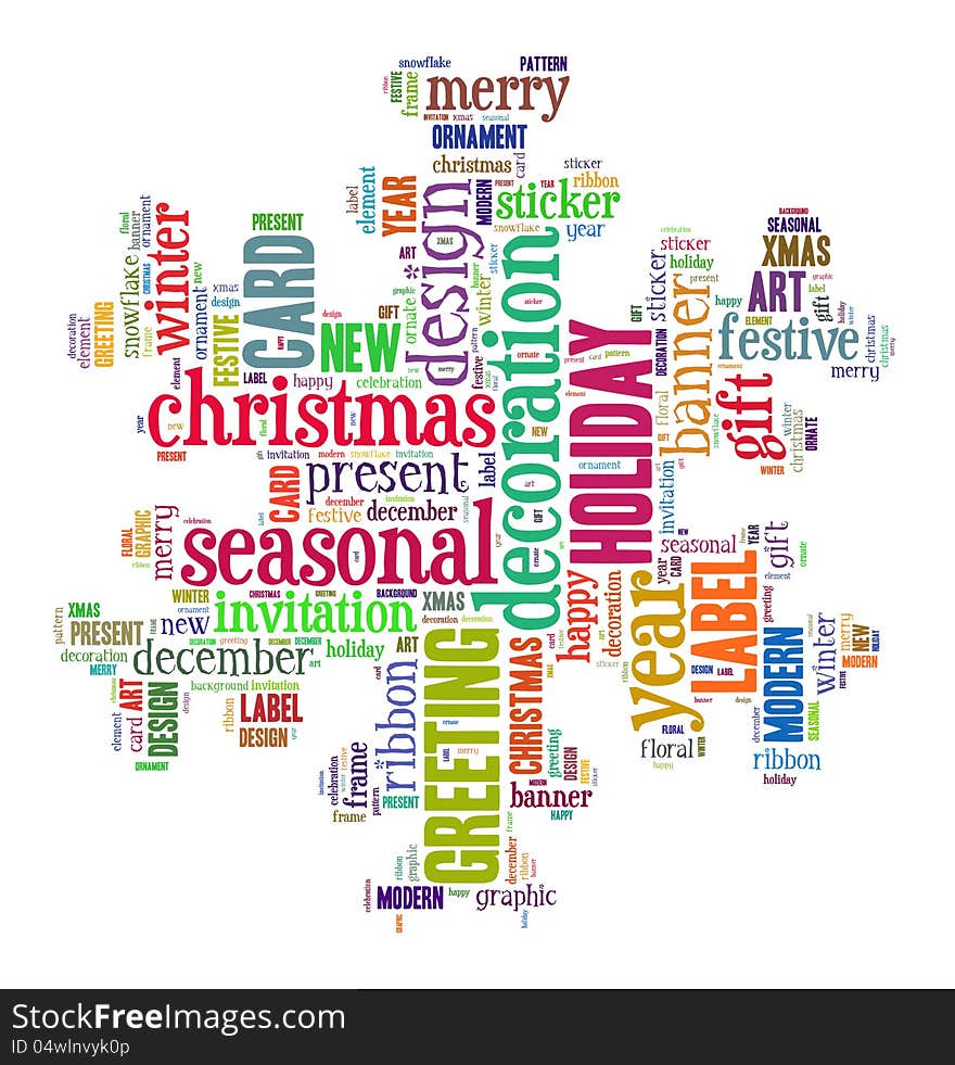 Merry Christmas info-text graphic and arrangement concept composed in snowflake shape on white background