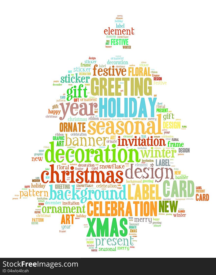 Merry Christmas info-text graphic and arrangement concept composed in Christmas tree shape on white background