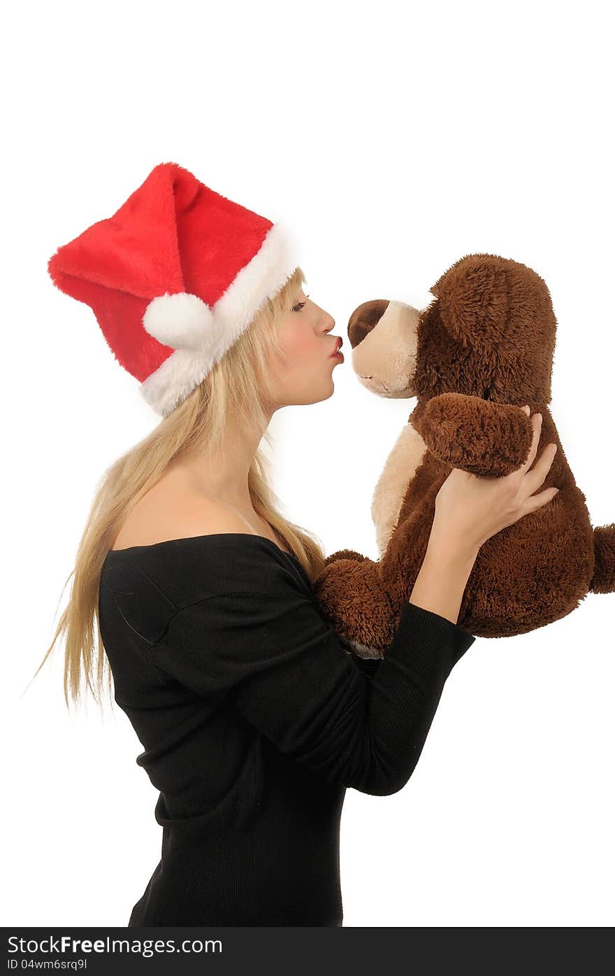 Santa Woman With Bear Isolated On White