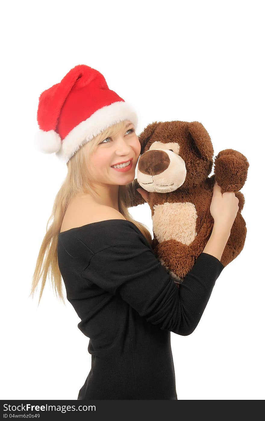 Santa woman with bear isolated on white