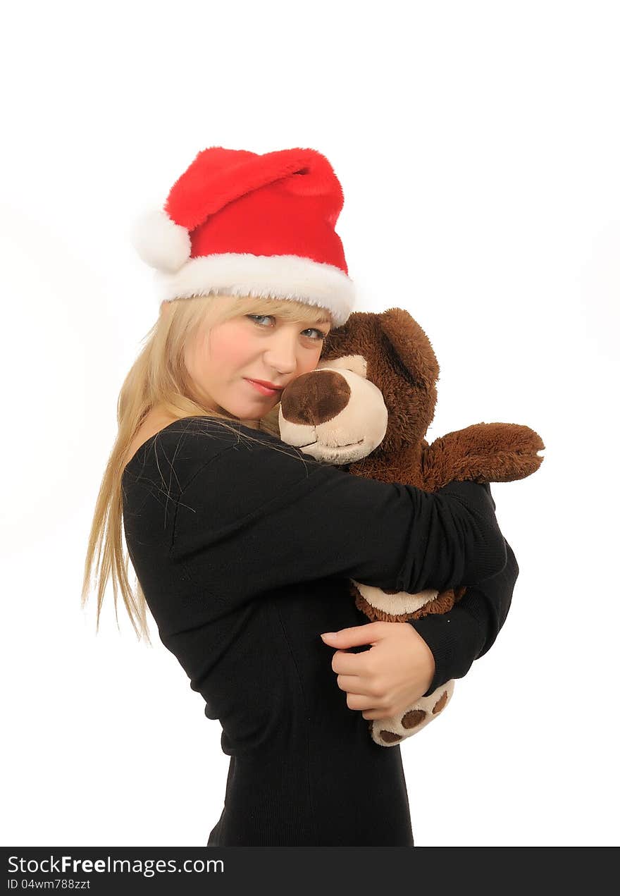 Santa woman with bear isolated on white.