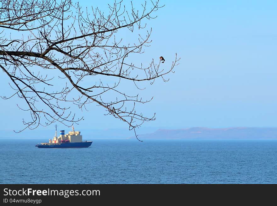 The tree branch with the icebreaker on the background. The tree branch with the icebreaker on the background