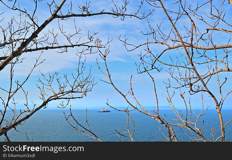 The icebreaker vessel in the harbor with autumn branches on the front line