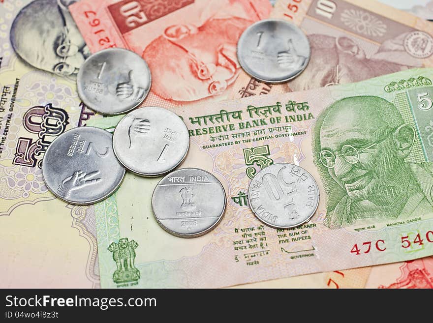 Small bills and loose change in Indian Rupees. Small bills and loose change in Indian Rupees.