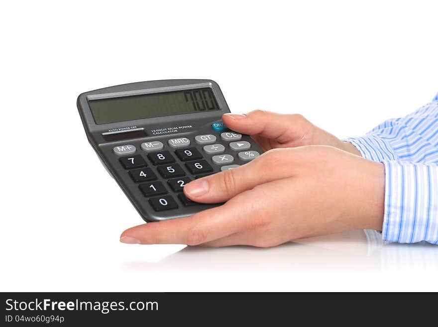 Calculator in hands isolated over white background. Calculator in hands isolated over white background.