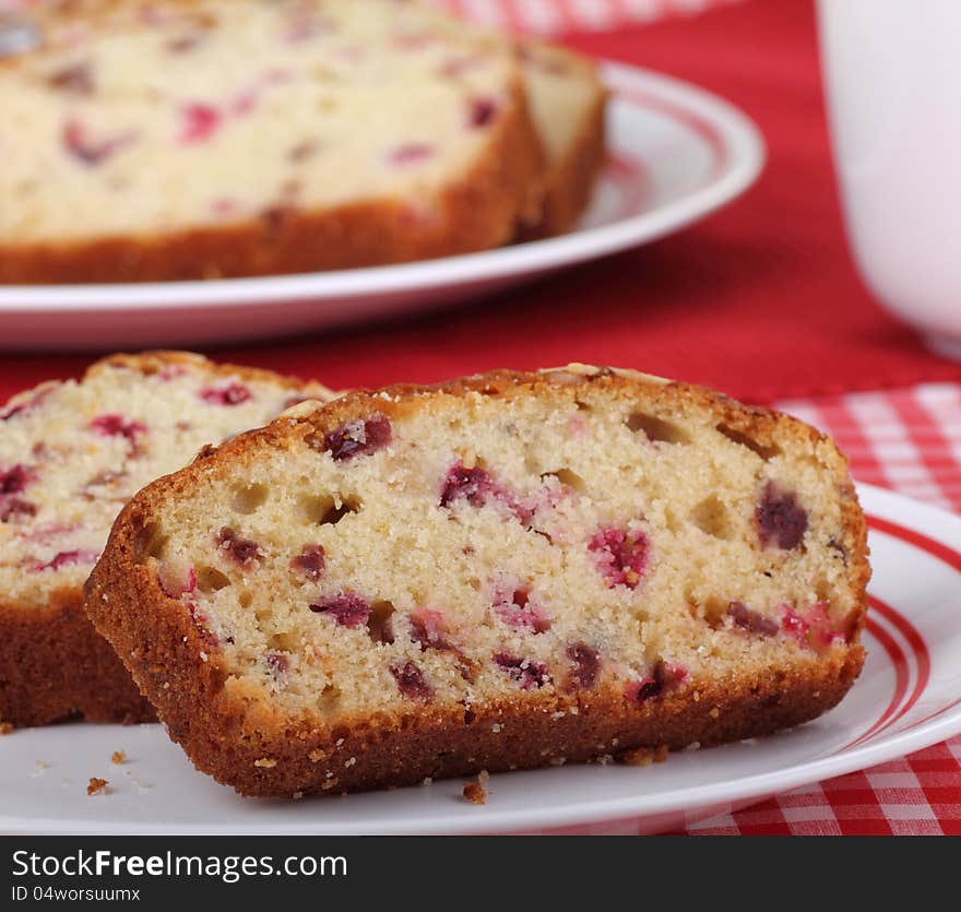 Closeup of a slice of cranberry bread. Closeup of a slice of cranberry bread