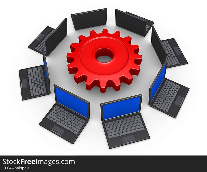 3d laptops around a cogwheel as network for common goal. 3d laptops around a cogwheel as network for common goal