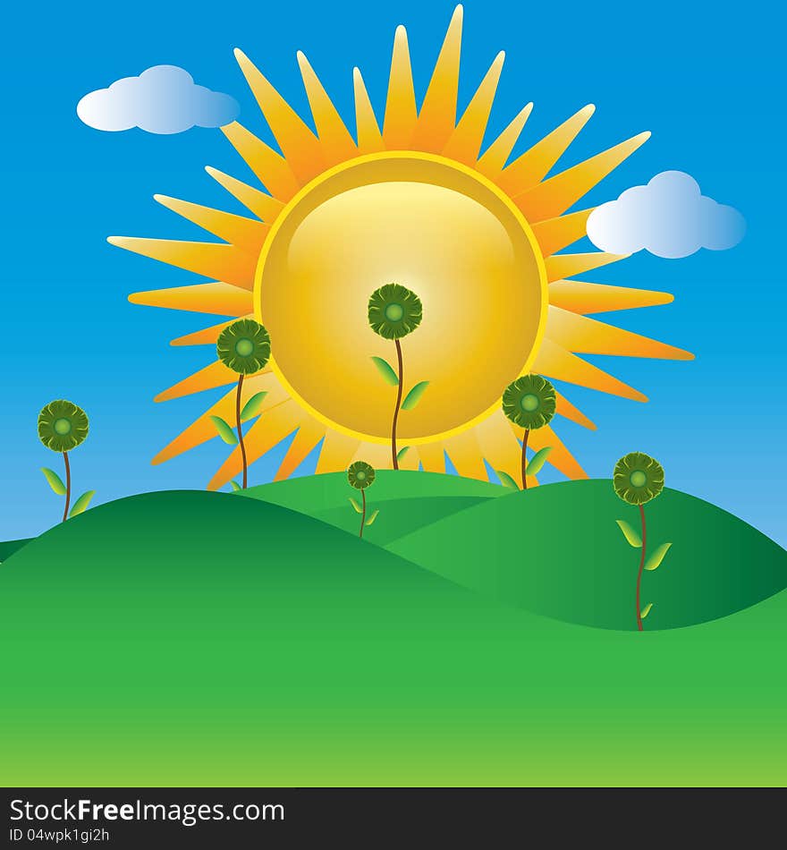 Landscape With Sun And  flowers.vector