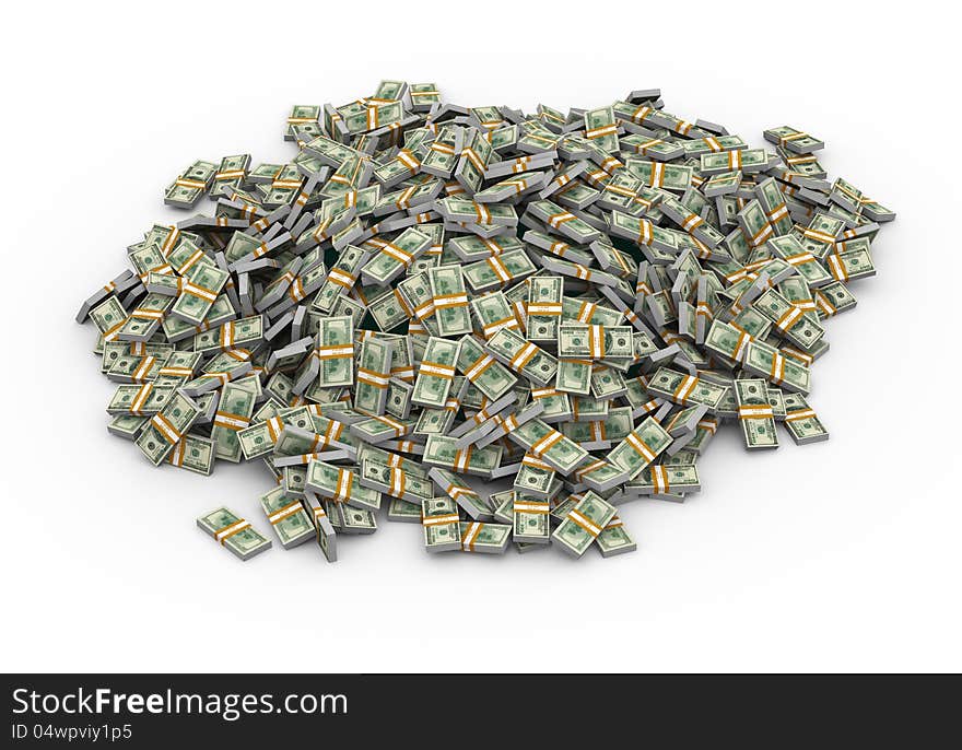 3d illustration of heap of dollar packs money. 3d illustration of heap of dollar packs money