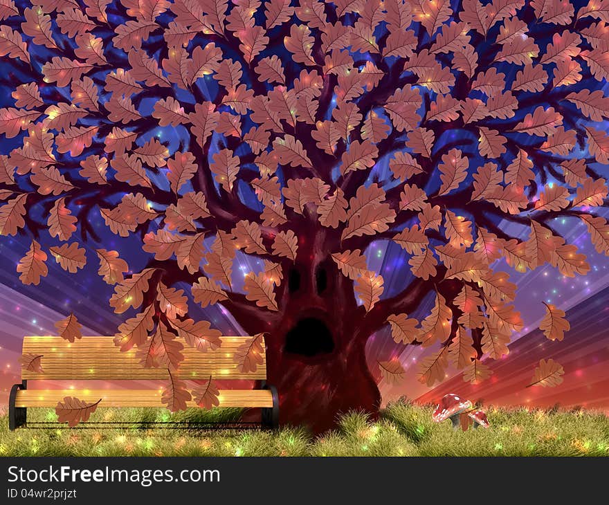 Illustration of a big autumn oak fantasy tree background. Illustration of a big autumn oak fantasy tree background.