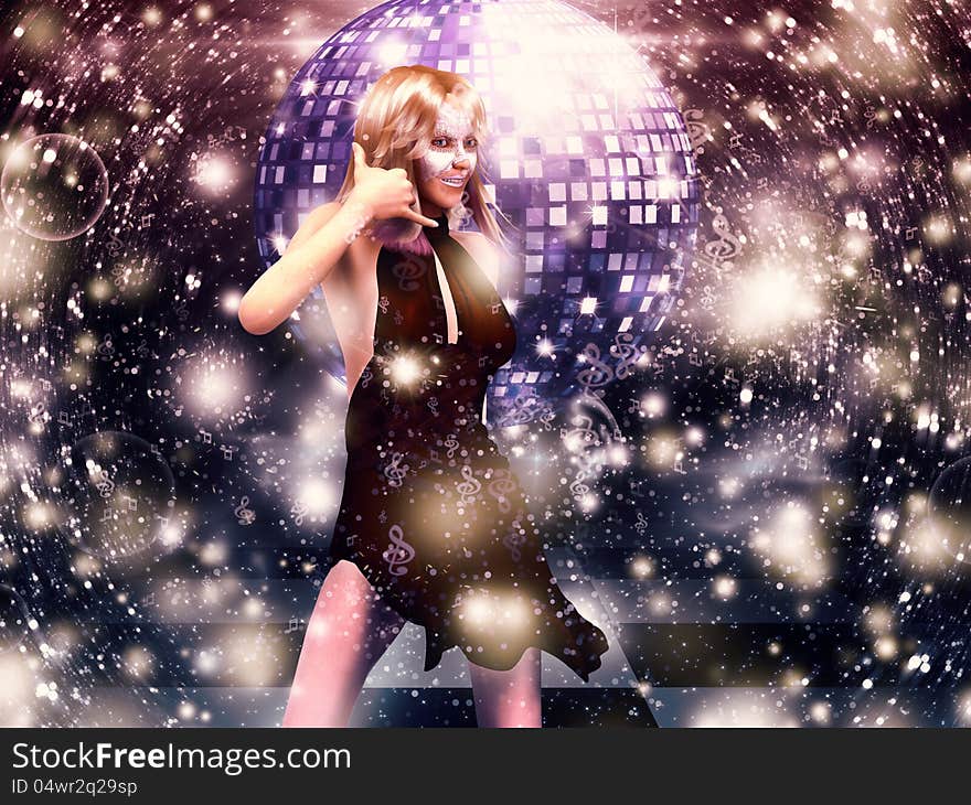 Illustration of 3d girl in red dress on disco party background.