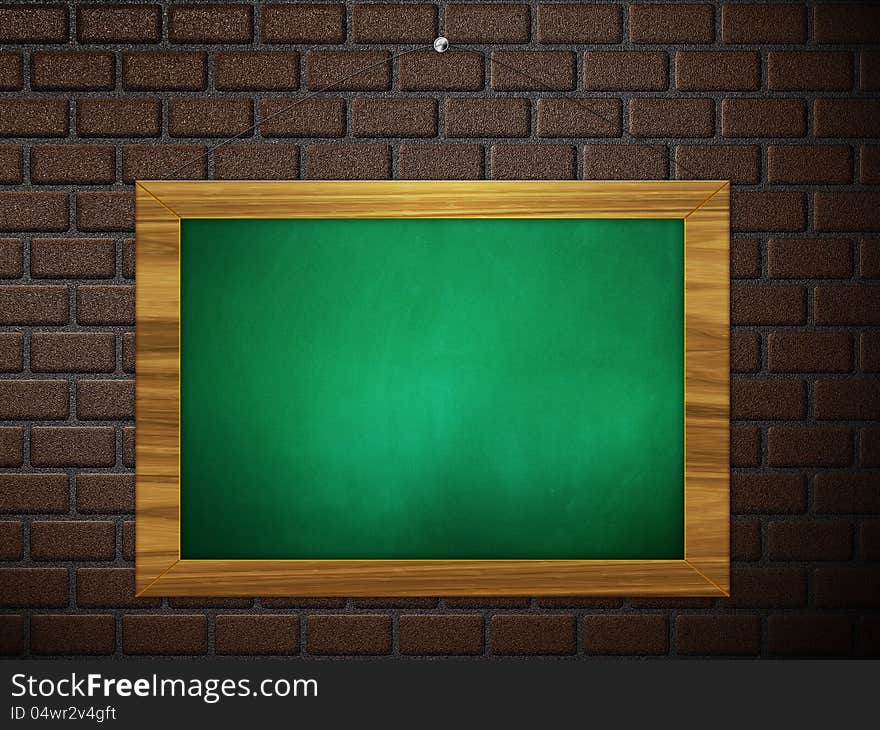 Green chalkboard hang on brick wall