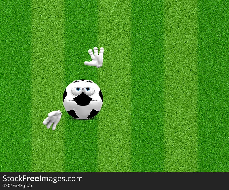 Illustration of 3d soccer ball smile on green grass.