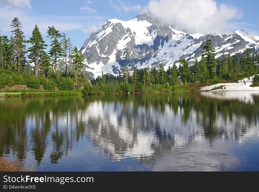 Mount Shuksan with a reflection in a picture lake in Washington State USA