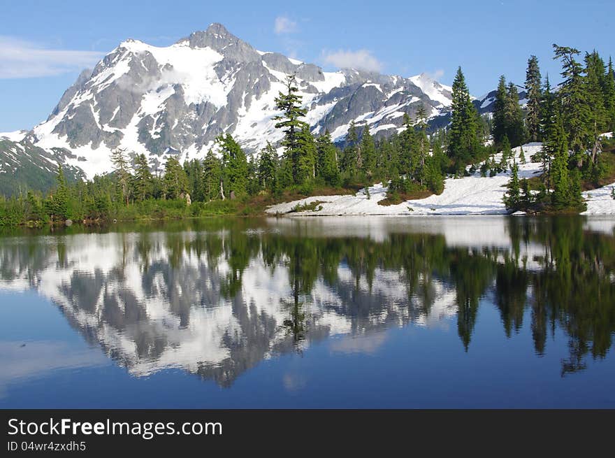 Mount Shuksan with a reflection in a picture lake in Washington State USA