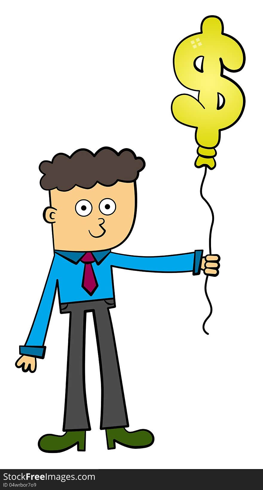 A cartoon business man holding a balloon with a shape of a dollar sign. A cartoon business man holding a balloon with a shape of a dollar sign