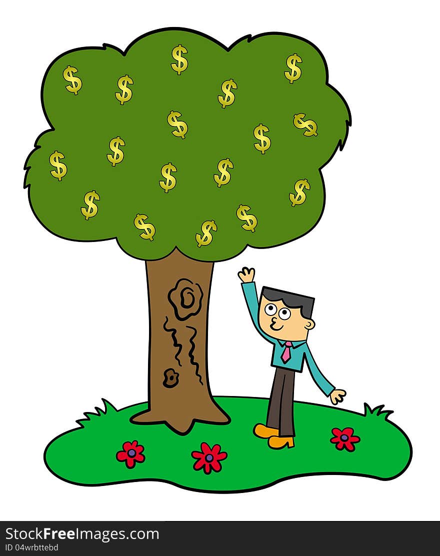 A man in business attire tries to reach a dollar sign from a tree. A man in business attire tries to reach a dollar sign from a tree