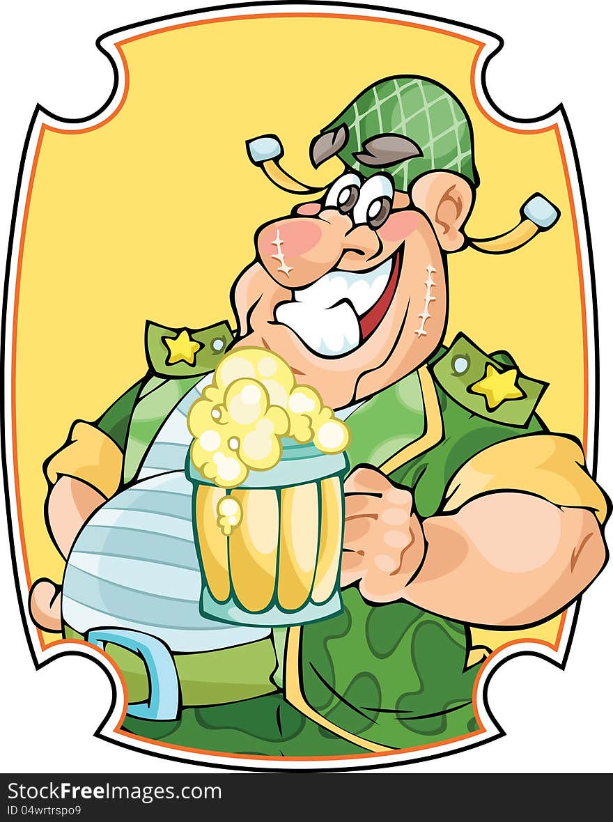 In the illustration fat man in a military form and . In one hand he holds a mug of beer. Background is on a separate layer. In the illustration fat man in a military form and . In one hand he holds a mug of beer. Background is on a separate layer.