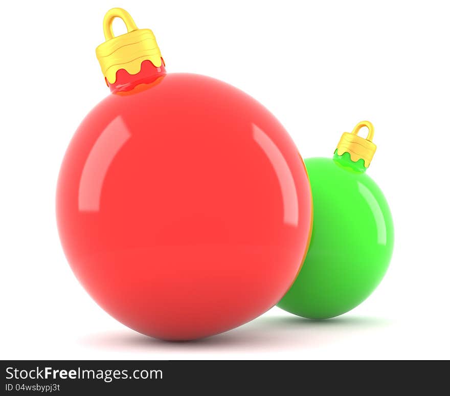 Red and green christmas baubles  on white background