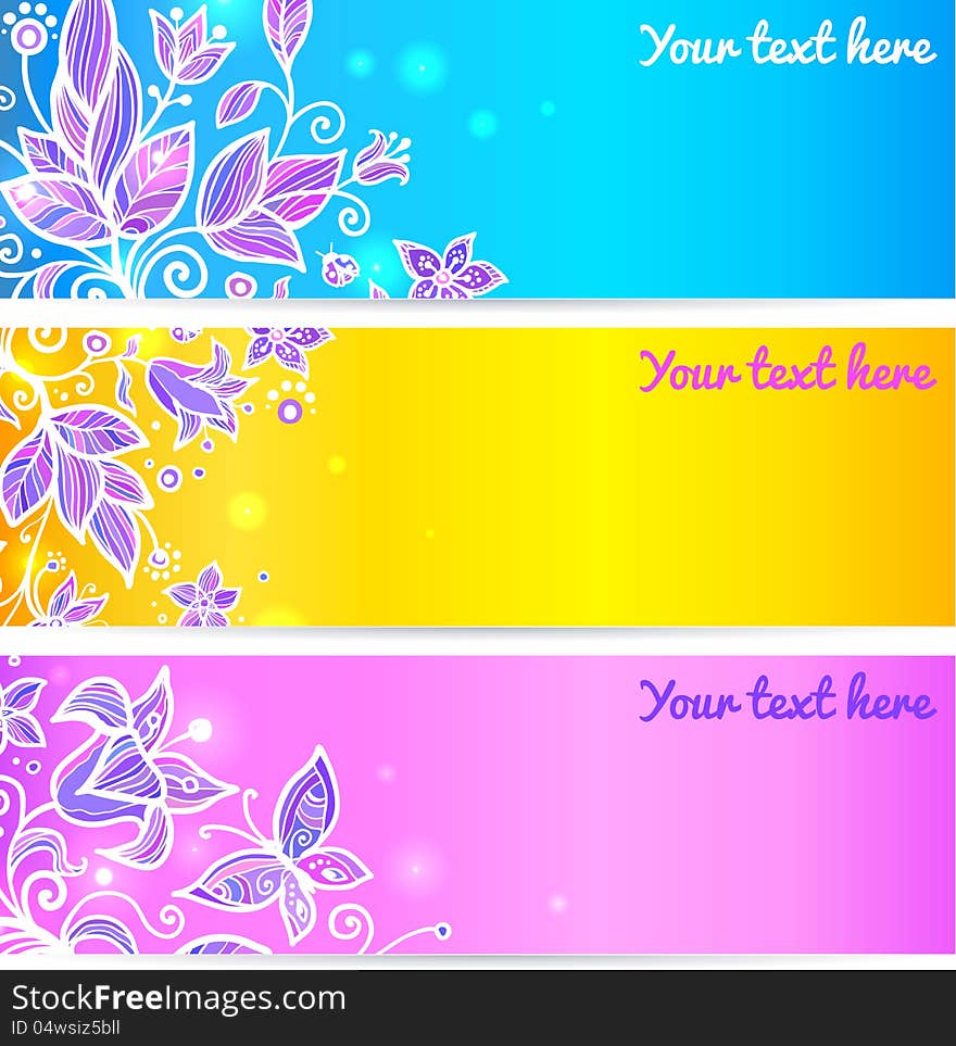 Colorful blue, yellow and violet doodle flowers banners