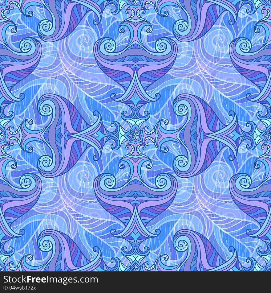 Artistic hand-drawing blue and violet waves seamless background