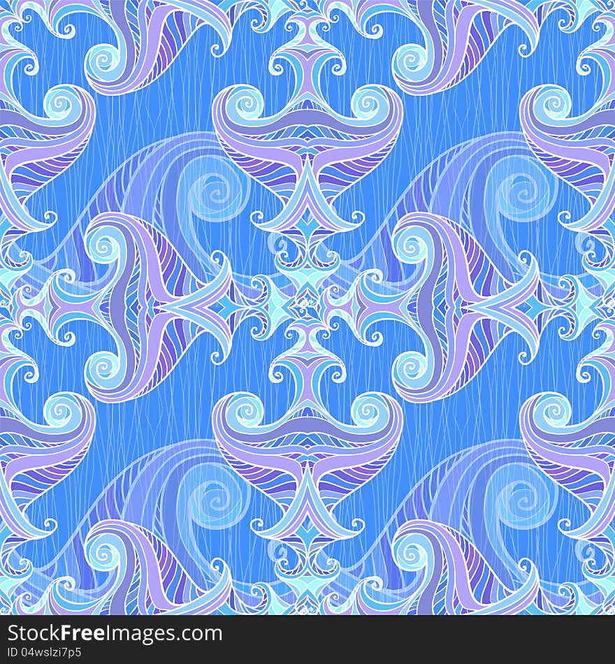 Artistic hand-drawing blue and violet waves seamless background