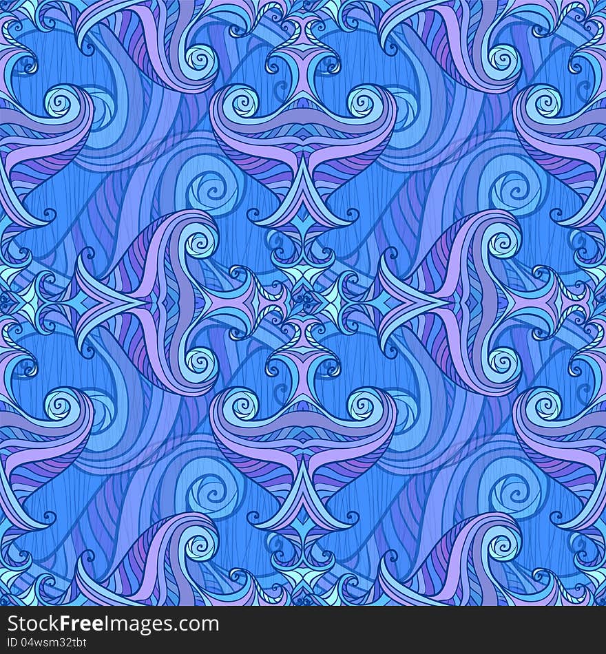 Artistic hand-drawing blue and violet waves seamless background