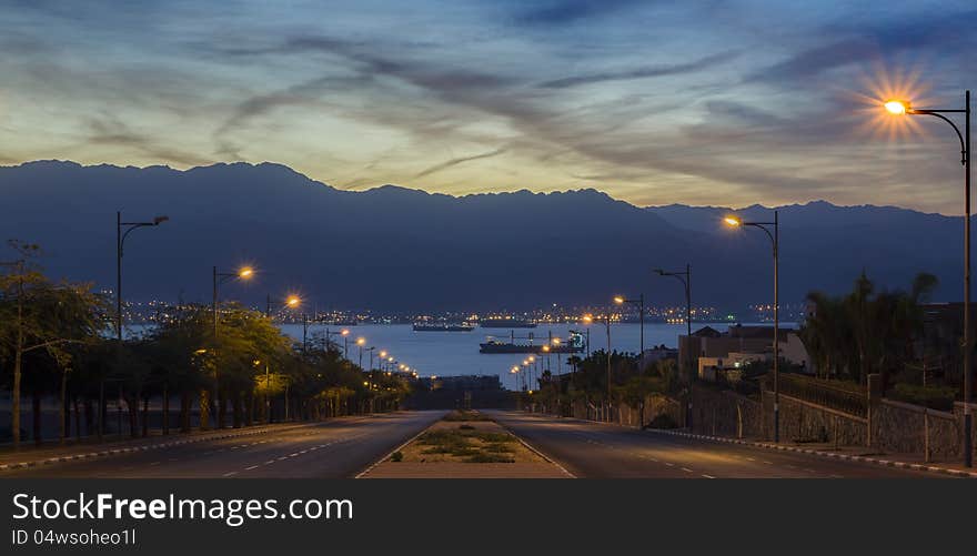 Morning view on lokal street running to the Red Sea , Eilat, Israel