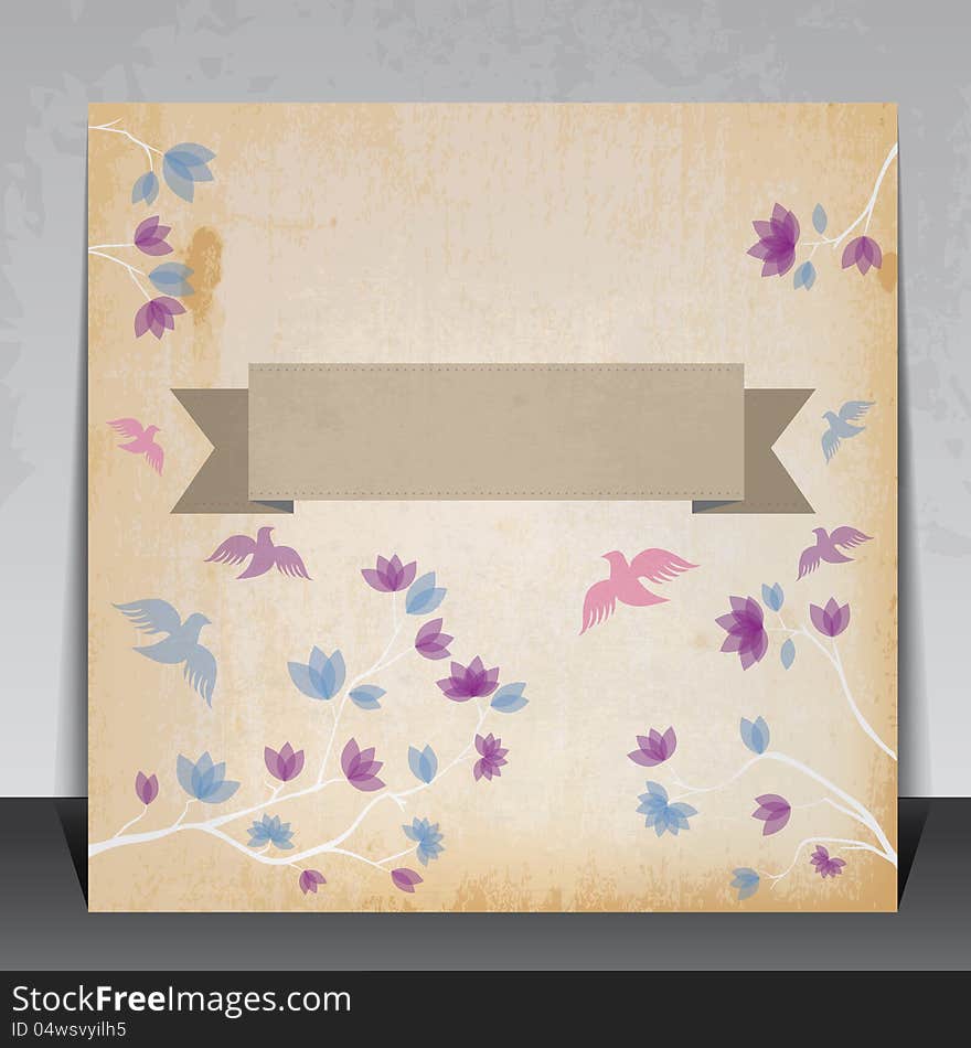 Vintage Invitation card with flowers and birds