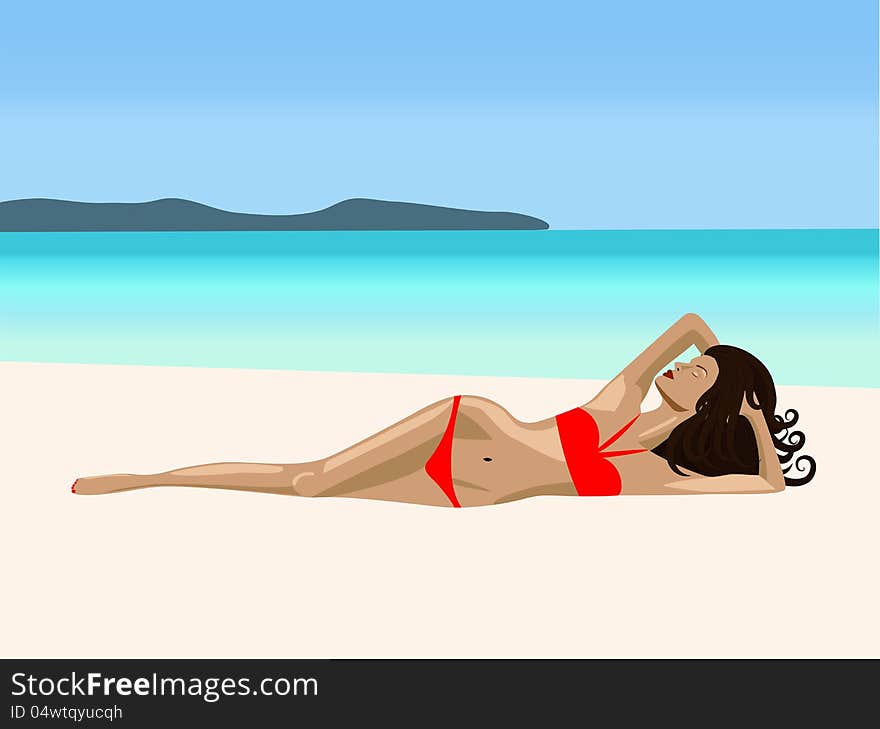 A  girl is lying on a beach in a rad bikini. A  girl is lying on a beach in a rad bikini