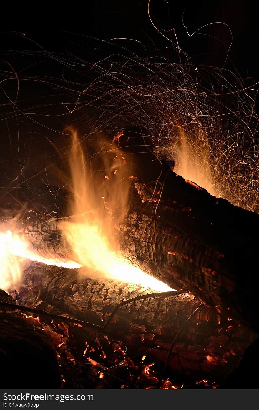 Bonfire with sparks, close- up