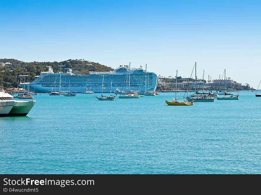 Cruise ship anchored in port for the day in St. Thomas, US Virgin Islands