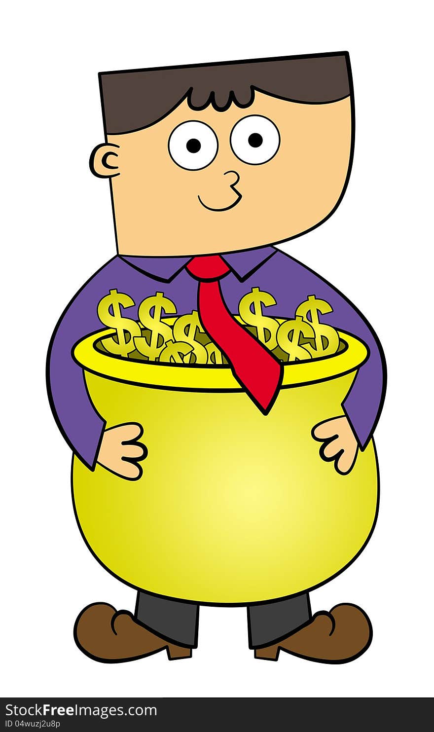 A man in business attire holding a big pot full of dollar signs. A man in business attire holding a big pot full of dollar signs