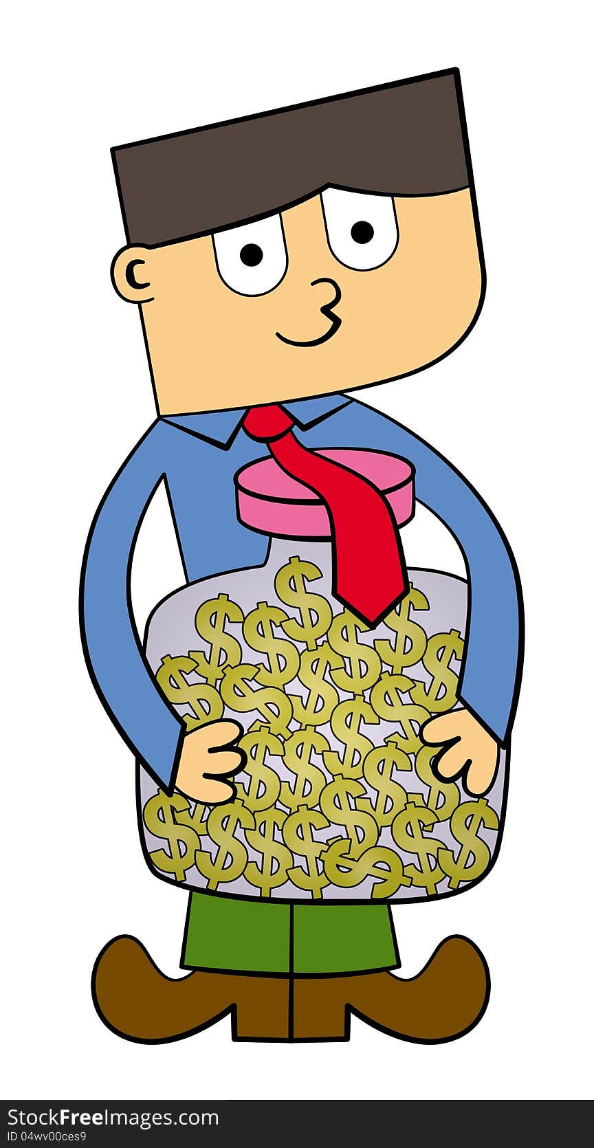 A cute cartoon business man holding a jar full of dollar signs. A cute cartoon business man holding a jar full of dollar signs