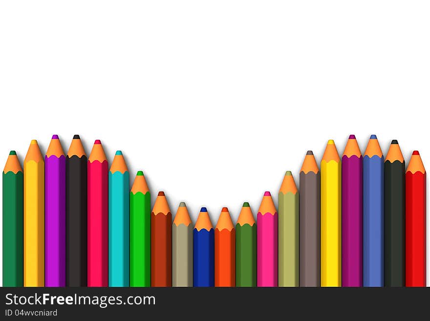 3D model of colored pencils line up in curved row on white background