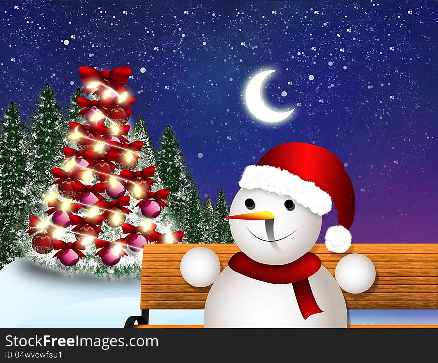 Illustration of snowman sitting on a bench at night time. Illustration of snowman sitting on a bench at night time.