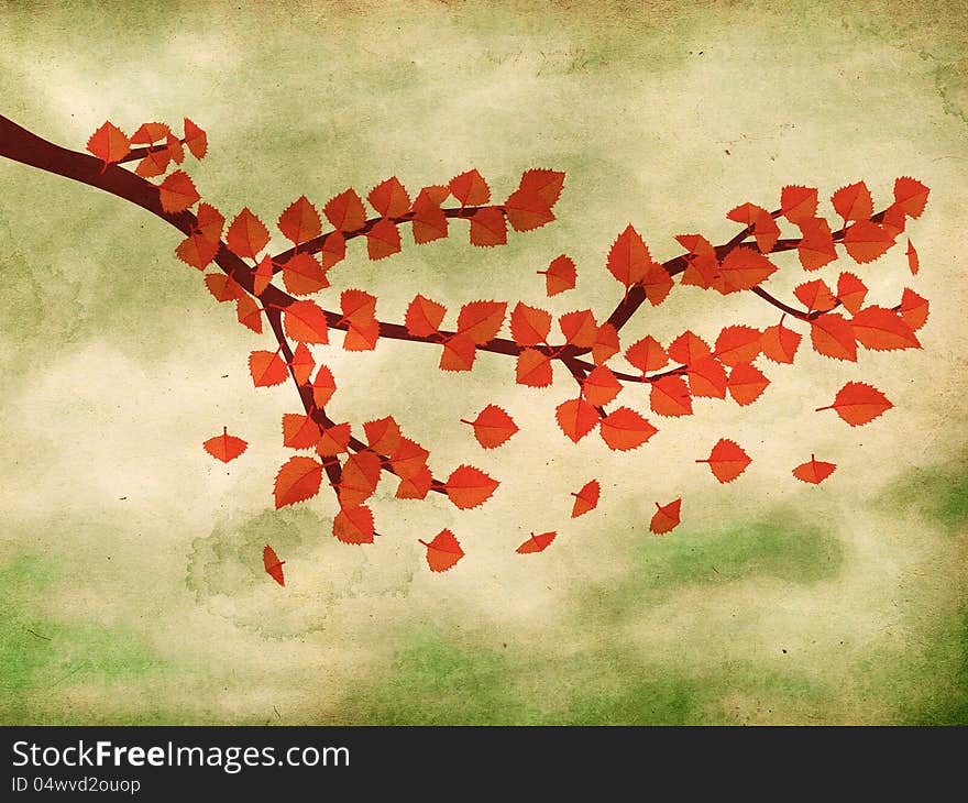 Illustration of brunch with autumn red leaves on grunge paper background. Illustration of brunch with autumn red leaves on grunge paper background.