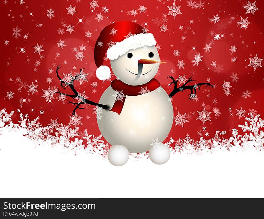 Cute snowman on red background