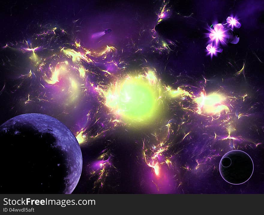 Illustration of space colorful galaxy with planets and space ships. Illustration of space colorful galaxy with planets and space ships.