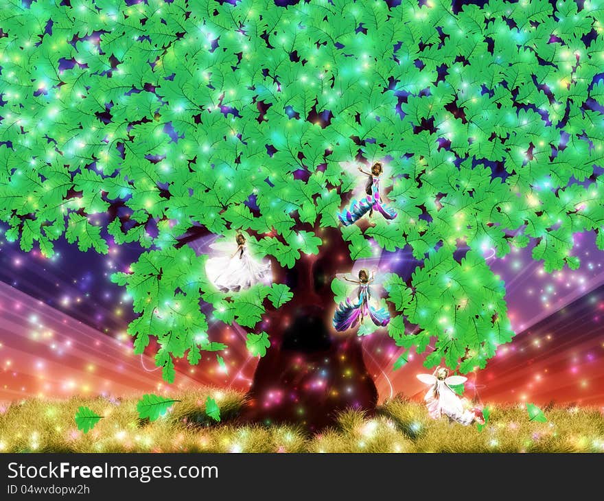 Illustration of a fantasy oak tree with fairies background. Illustration of a fantasy oak tree with fairies background.