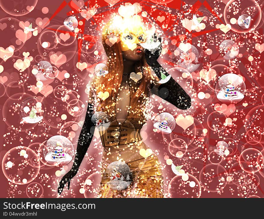 Illustration of beautiful 3d girl in gold mask blows snow on christmas background. Illustration of beautiful 3d girl in gold mask blows snow on christmas background.