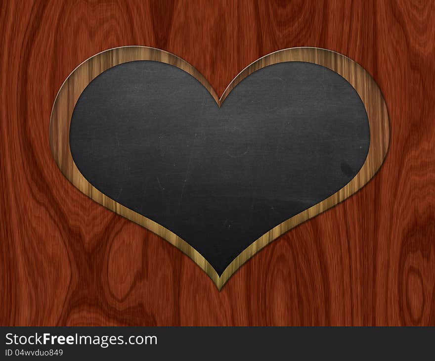 Illustration of blank heart shaped chalkboard on wooden backbround.