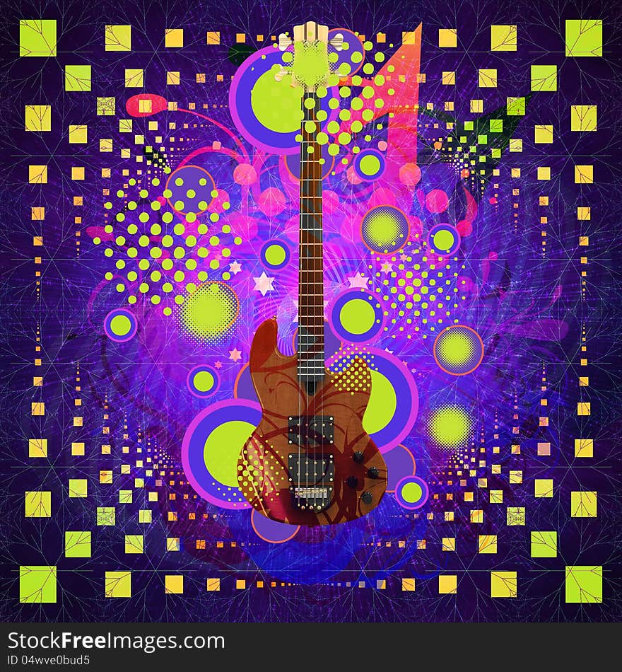 Abstract illustration of 3d guitar on colorful background. Abstract illustration of 3d guitar on colorful background.