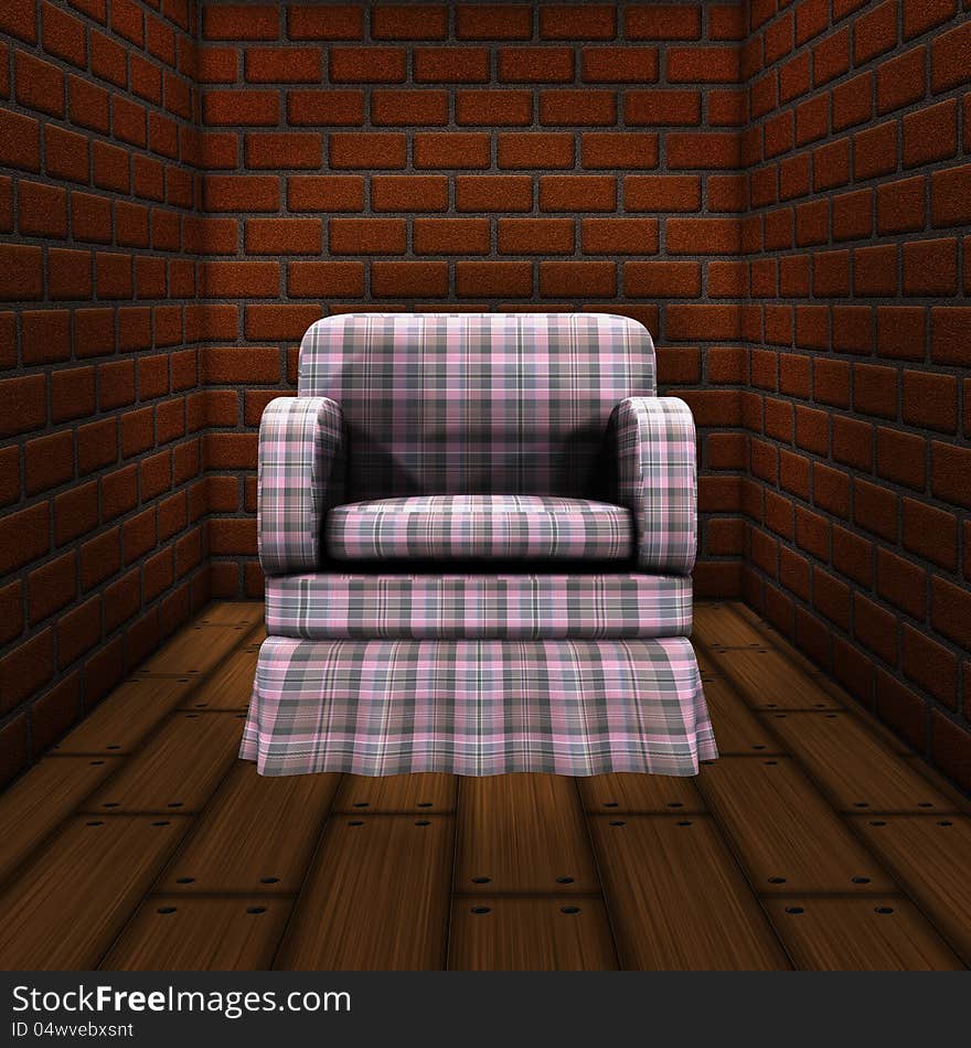 Room with brick wall and armchair