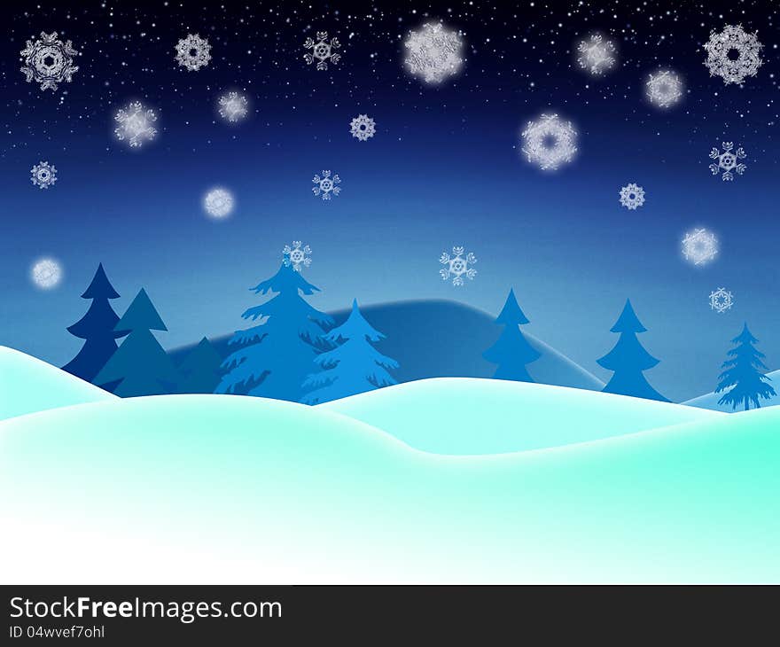 Illustration of night winter landscape with snowflakes background. Illustration of night winter landscape with snowflakes background.