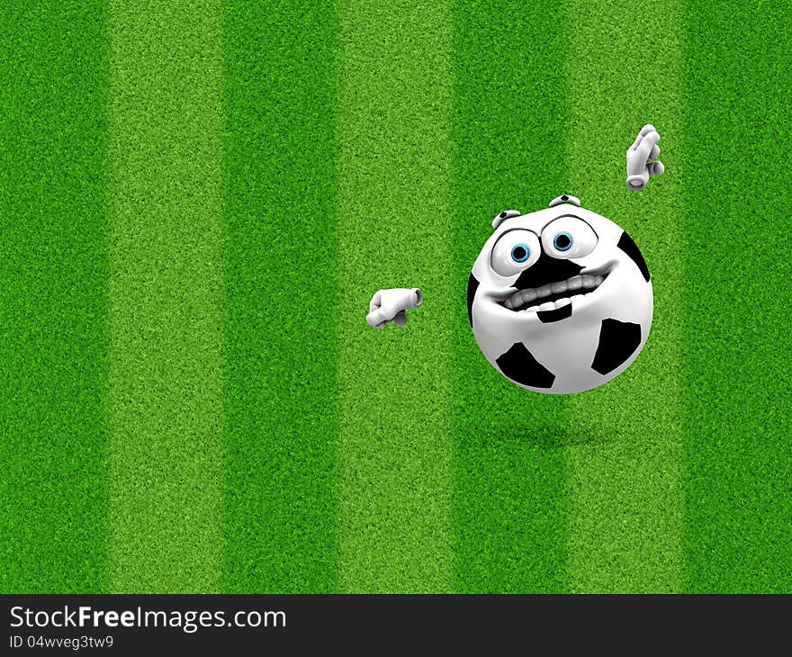 Illustration of 3d soccer ball smile on green grass.