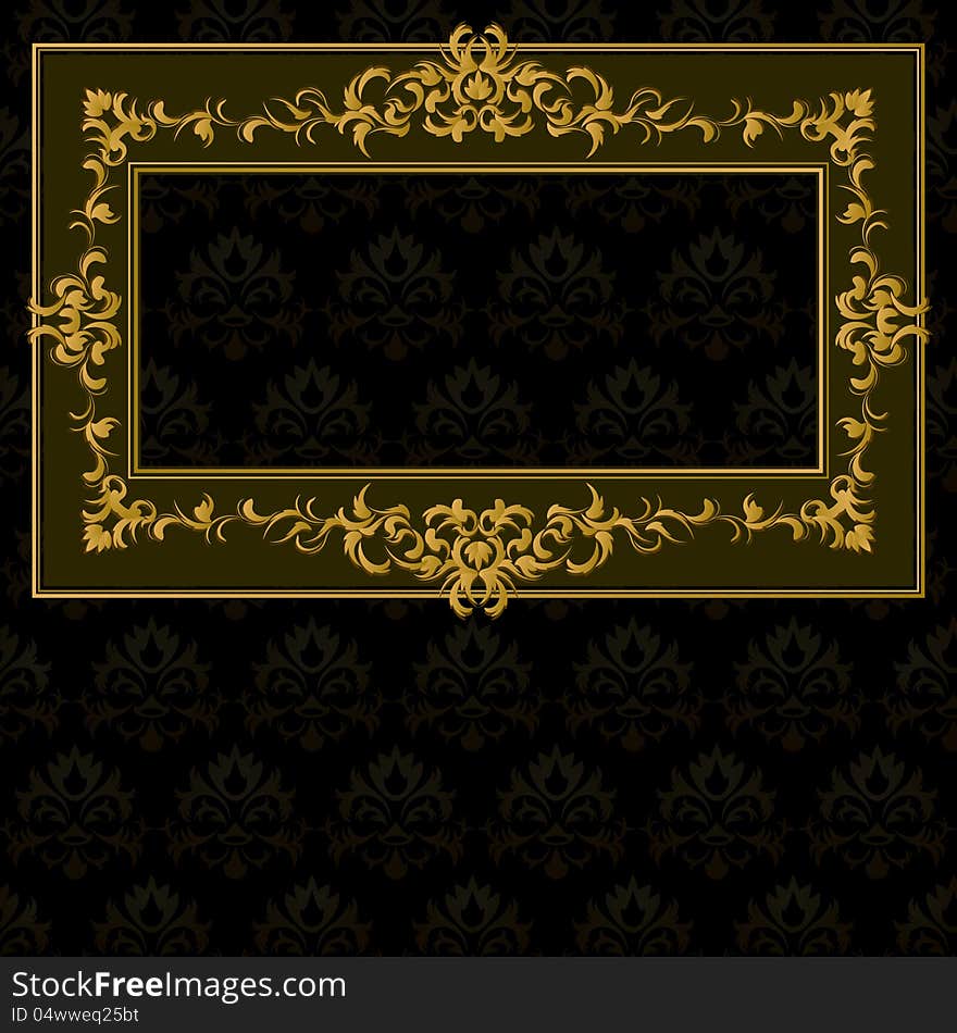 Dark frame with golden vintage border over damask texture. Dark frame with golden vintage border over damask texture